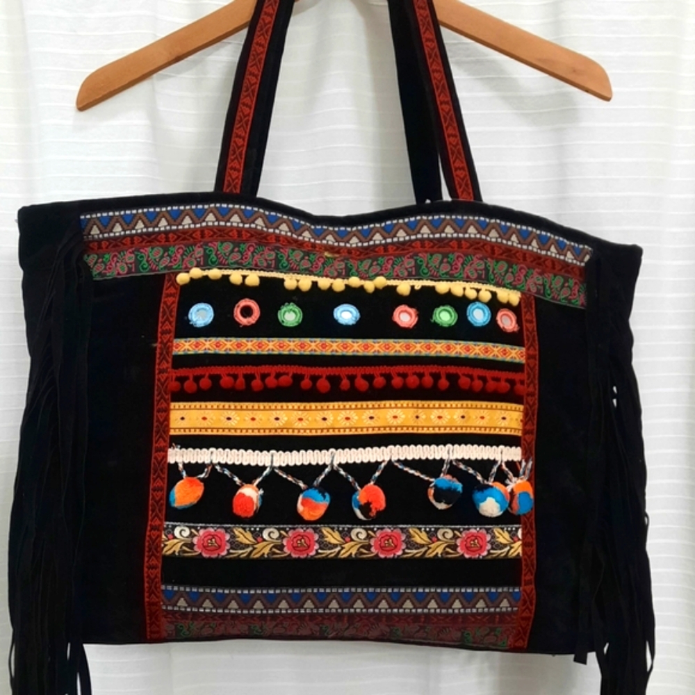 Vintage vibes Boho Fringe Bag - Black With Fun Embellishments & Color NEW